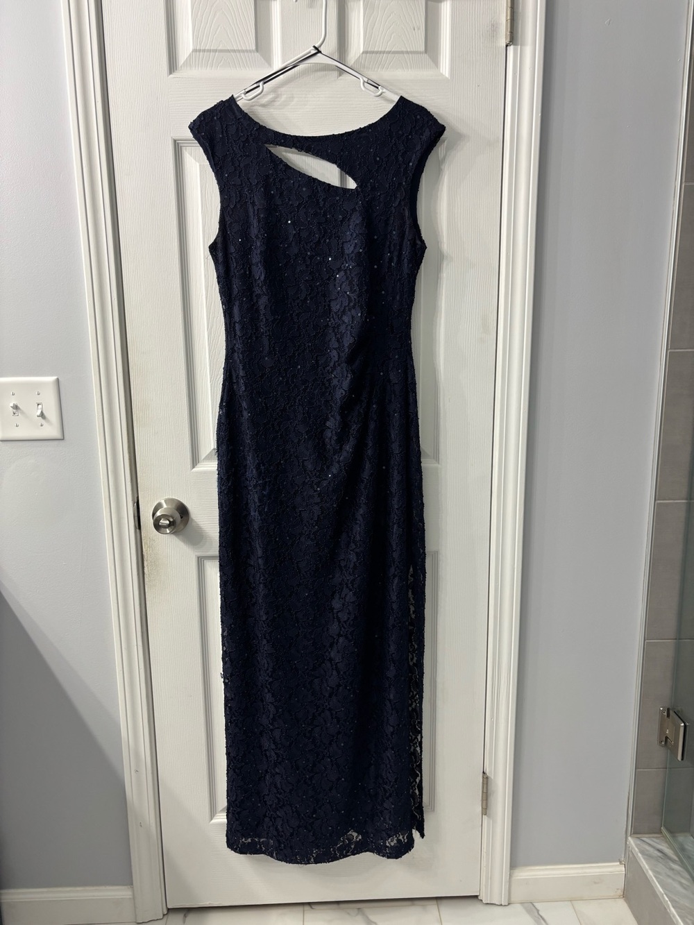 Connected Apparel Navy Lace Maxi Dress with Cutout Neckline